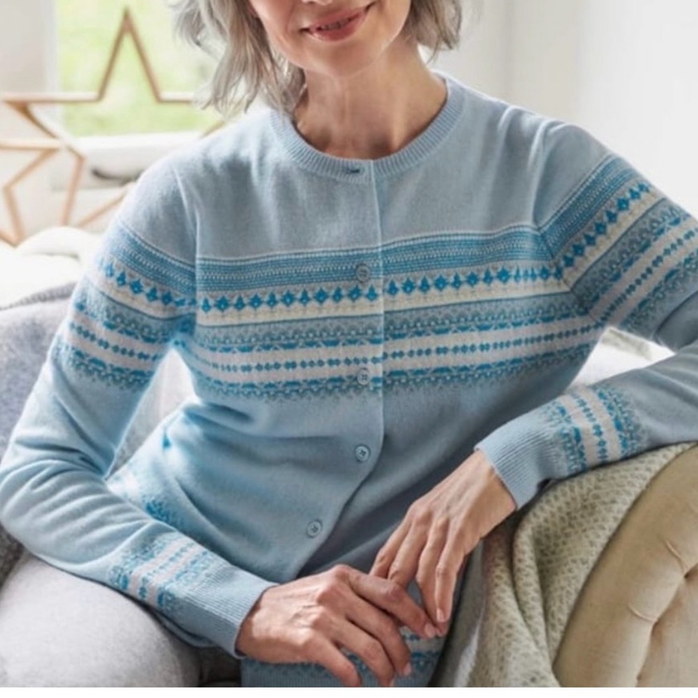 woolovers blue multi fairisle crew neck cardigan